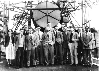 Figure 5.11. The Jodrell Bank group in 1951 with Bernard Lovell (centre front row).  In 1950 Cyril Hazard (second from left) and Robert Hanbury Brown (absent) detected radio emission from the Andromeda (M31) galaxy, leading to the second radio astronomy pa