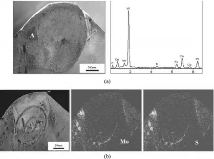 Figure 2.4 Wear pattern on (a) plane insert and (b) elliptical grooved cutting insert and corresponding EDX analysis [29]