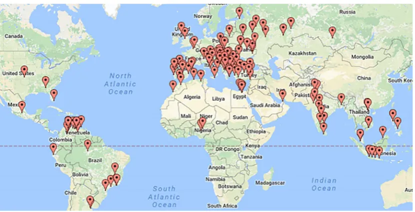 Figure 7. Location of workers participating in patent tasks (generated with BatchGeo, https://batchgeo.com).