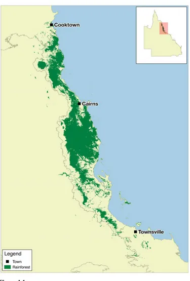 Figure 1.1 Pre-clearing (pre-1750) distribution of rainforest in the Australian Wet Tropics