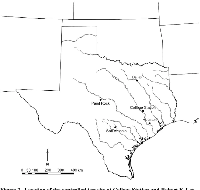 Figure 2.  Location of the controlled test site at College Station and Robert E. Lee  Campsite archaeological site at Paint Rock