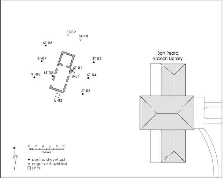 Figure 5. Placement of shovel tests and test units in Area 1- Block House.