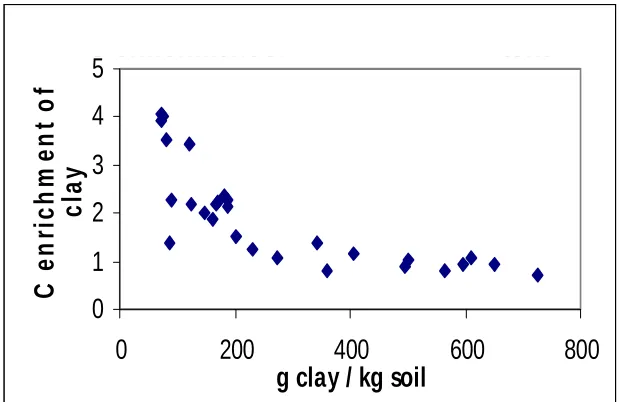 Fig. 1.7. Relationship between C enrichment of clay size fraction and clay content. This  data was originally presented by Hassink (1997)