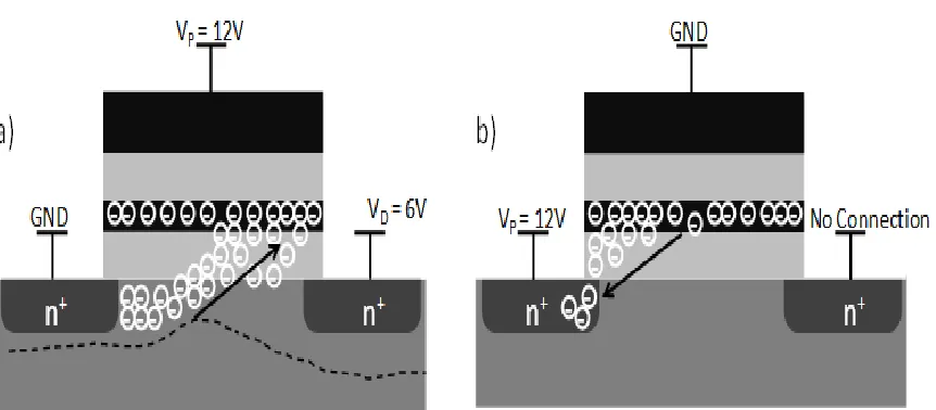 Figure 2.4  Flash memory showing a) CHEI based programming operation and b) Fowler-