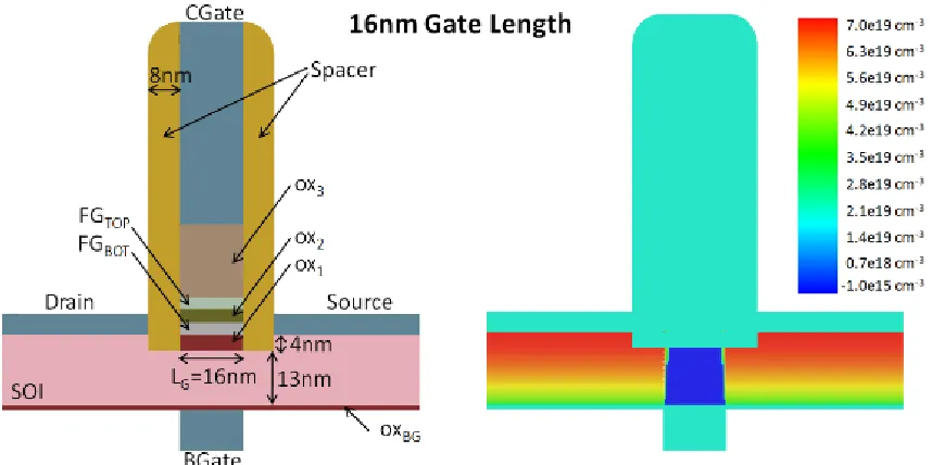 Figure 2.7 Cross-section and doping profile of 16-nm dual-floating gate device [1] 