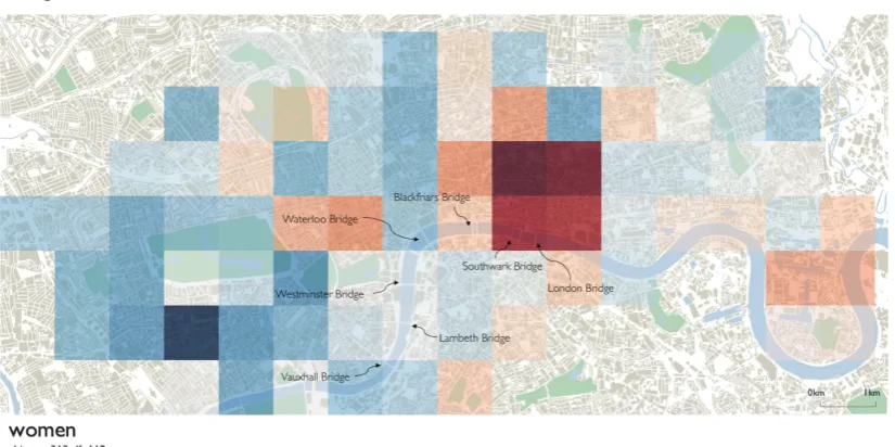 Figure 3 The LCHS area is divided into 1km grid cells. In each cell observed frequencies of ‘derived’ workplaces for male and female cyclists are recorded, and Pearson’s residuals from the Chi-statistic are mapped onto a red-blue colour scale assuming equa