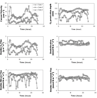 Figure 6.  Current velocity variation case study II: reaction rates and fluxes versus time in the three cases