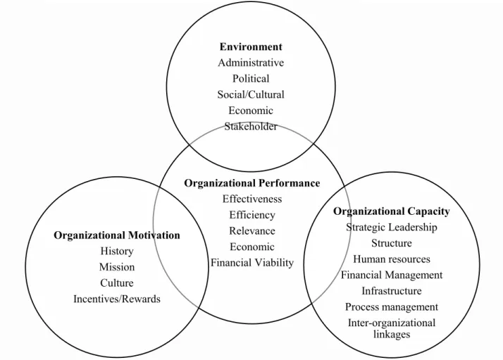 Figure 2. A Conceptual Framework for Organizational Performance Organizational PerformanceEffectiveness EfficiencyRelevanceEconomicFinancial Viability EnvironmentAdministrative PoliticalSocial/CulturalEconomicStakeholder Organizational CapacityStrategic Le