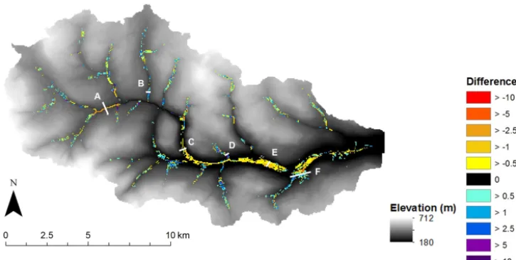 Figure 2. DEM of difference for the 1000-year Swale test. The differences shown are elevations from the 24 h × Lump simulation minus theelevations from the random 1 0.25 h × 5 km