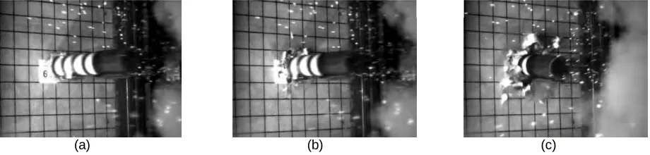 Fig. 10. Missile (a) 1 ms, (b) 3 ms after and (c) 11 ms after the impact in test 642.