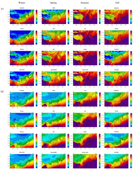 Figure 4.1  Spatial distributions of simulated monthly-average and seasonal-average T2 and Q2 overlaid with observations from NCDC for 2006