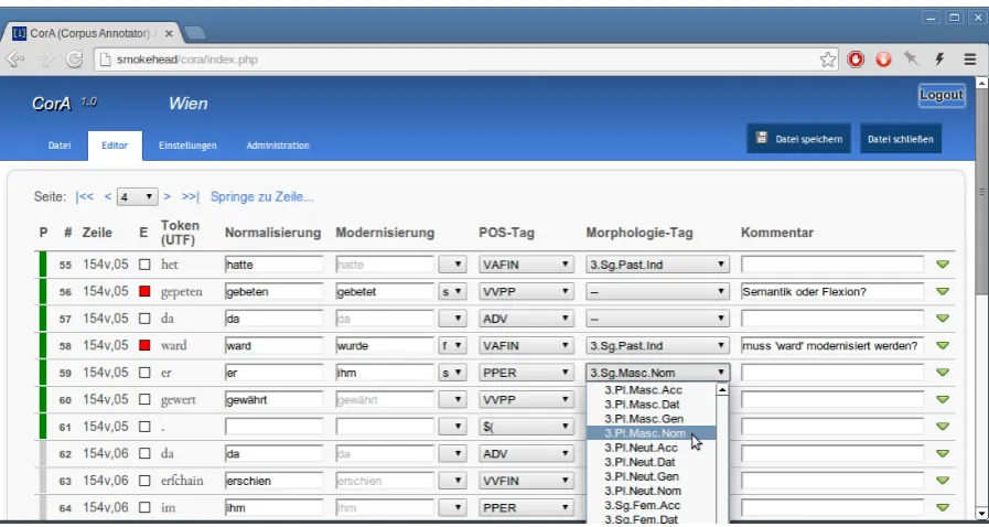 Figure 1: Web interface of CorA showing the annotation editor