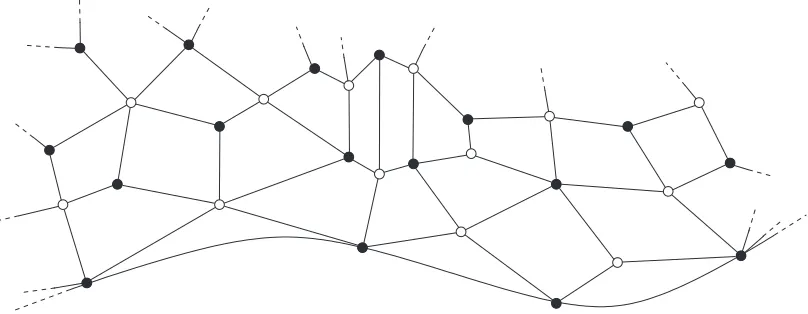 Figure 2.Example of a quad-graph with boundary D. Black and white dots are the vertices of thedouble and the straight lines are edges