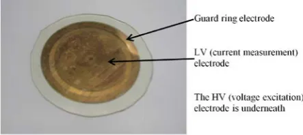 Figure 1.   Epoxy resin sample with gold coating electrodes. The high voltage electrode is underneath and shown in the clear region between the guard and LV (measurement) electrode on the top surface