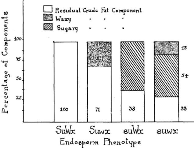FIGURE 2.-Percentage  distribution of crude fat components  in  ether extracts from  maize endosperm,  based  on  hypothesis of additive  effects of waxy  and  sugary genes  on fat metabolism