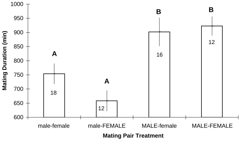 Figure 3:  Mean (+/- SE) duration of mating as a function of crab sex by size treatmentsDifferent letters denote treatment means that varied significantly from one another as indentified with a Tukey's multiple comparisons test