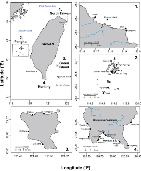 Fig 1. Study area. The four regions surveyed around Taiwan and locations of study sites.