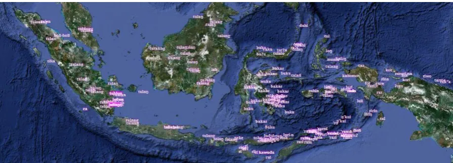 Figure 2  A search for “bone” in ABVD Austronesian data (again, relations by Ethnologue via Mul-tiTree), constrained to locations in Indonesia, and projected onto a map