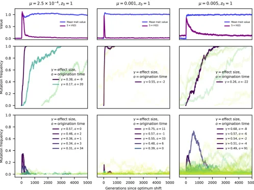 Figure 4 Trajectories of selected mutations. The three columns show results from a single simulation replicate for low-, moderate-, and high-mutationrow shows the frequency trajectories of mutations that are eventually lost