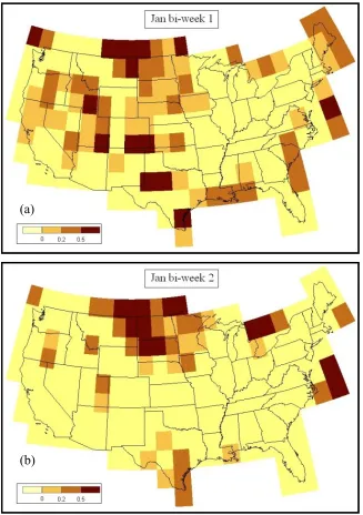 Figure 2.2: MSSS between disaggregated ECHAM4.5 precipitation forecasts and the reforecasts for the first fifteen days (a) and the second fifteen days (b) in January