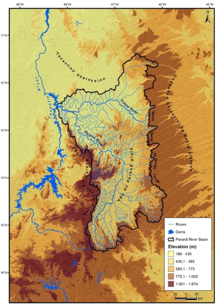 Figure 1.3A. The physical map of Paranã River Basin and surrounding terrains. The physical map shows classes of elevation [55], land relief (mountain ranges, plateaus, and plains [56]), and hydrology (dams, detailed hydrographic aspects of the Basin and ma