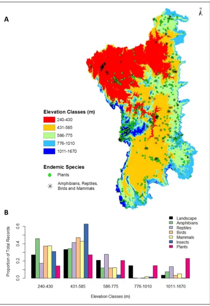 Figure 2.3. Records in relation to elevation within the Paranã River Basin. A. Spatial distribution of elevations and records of Cerrado endemic species