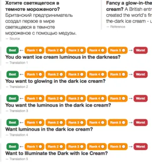 Figure 2: Screenshot of the Appraise interface used in the human evaluation campaign. The annotator is presented with asource segment, a reference translation, and the outputs of ﬁve systems (anonymized and randomly ordered), and is asked torank these according to their translation quality, with ties allowed.