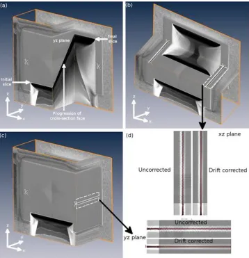 Figure 4. Analysis of ISE images.andcorrection. 111 a: yz cut plane through stack of drift-corrected I-SE images showing the smooth progression of thecross-section face