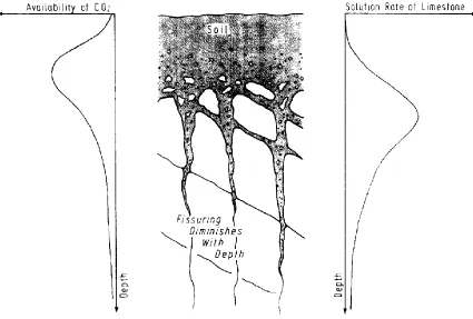 Figure 2.5: Relationship between soil CO2, rate of limestone solution and fissuring beneath the soil