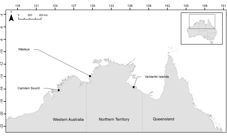 Figure 1Location of the three sampling sites across northern Australia.