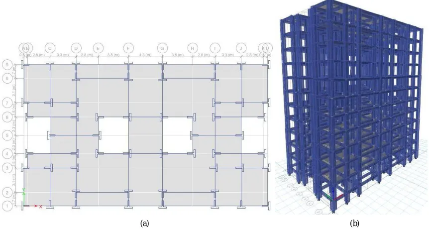 Fig. 2.G+10 RCC Framed Structure with Tee-shaped Column (a) Plan (b) 3D View 