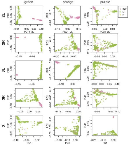 Figure 3 PCA plots for the three sets of genomic windows colored in Figure 2, on each chromosome arm of“ D