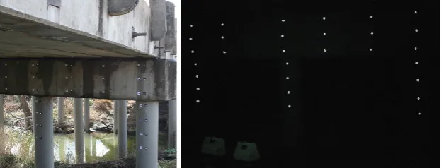 Figure 4. (a). The highway concrete pile bridge vibration testing. (b) The retro-reflective target layout