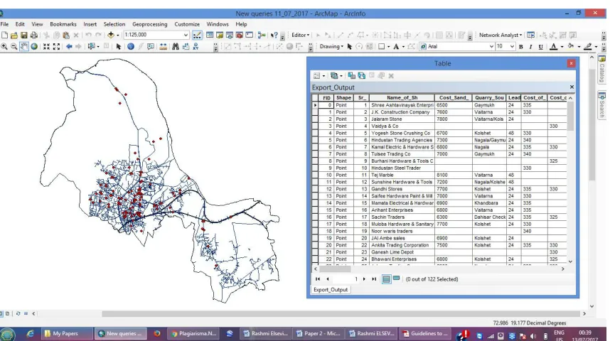 Fig. 2. Digitized map shows suppliers location, Thane city boundary layer, railway and road lines and table creation of  suppliers data