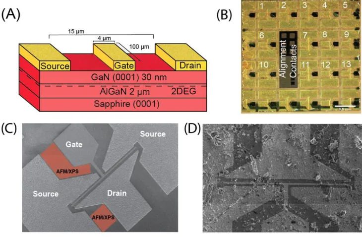 Figure 2.1. (A) Device schematic and dimensions.  (B) Optical image of the diced chip layout shown 