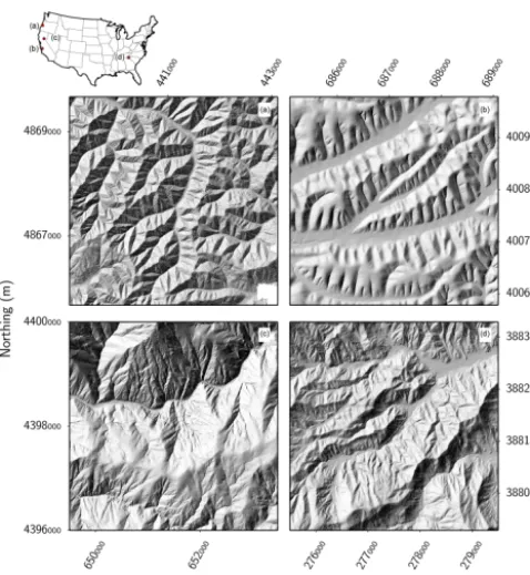 Figure 1. Map of the locations of each ﬁeld site within the con-tinental USA with a shaded relief map of characteristic sections ofeach location’s topography