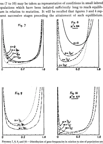 FIGURES 7,8,9, intensity Formulae all of typey Figure and 10.-Distribution of gene frequencies in relation to size of population and of selection where rates of mutation and migration are small compared with 1/4N