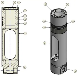 Figure 2 –Bowditch piston assembly section view & isometric view (Design revision A)  Final design may differ slightly