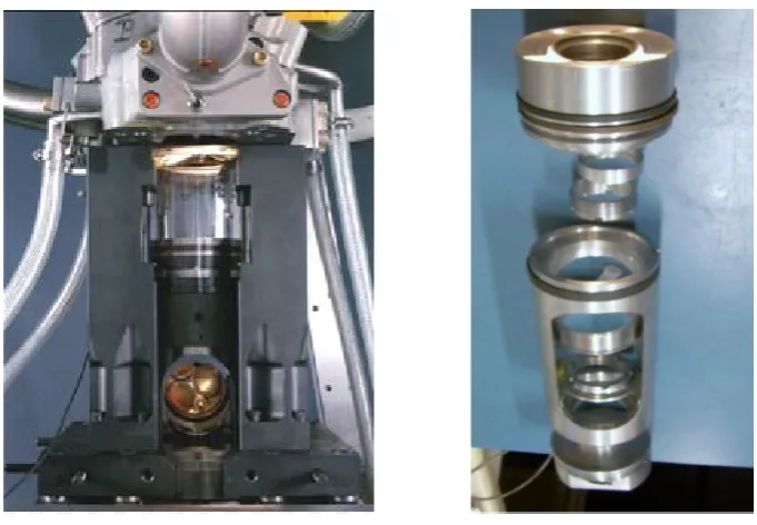 Figure 2.6:  Left: Rear view of an optical access engine, bowditch piston and bowditch mirror