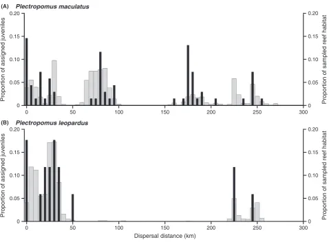 Fig. 5 Realized dispersal distances of larval coral trout. Frequency distributions of realized linear dispersal distances of assignedproportional area of reef habitat available for each species within 5 km distance bins