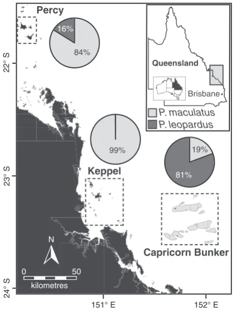 Fig. 1 Study location map and coral trout species composition.Tissue samples were collected from adult and juvenile coraltrout (Plectropomus maculatus and Plectropomus leopardus) onreefs in the Keppel, Percy and Capricorn Bunker regions in theGreat Barrier