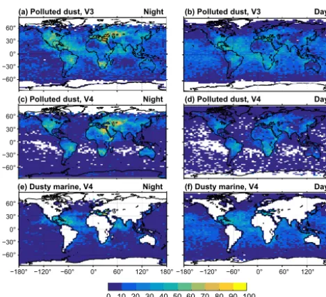 Figure 2. Frequency of occurrence of aerosol samples classiﬁed aspolluted dust in V3 at night and during the day (a, b), polluted dustin V4 at night and during the day (c, d) and dusty marine in V4 atnight and during the day (e, f)