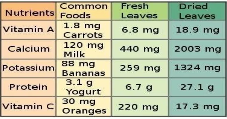 Table 2.1: Nutrient comparison of M. oleifera leaves with other foods, per 100g. 