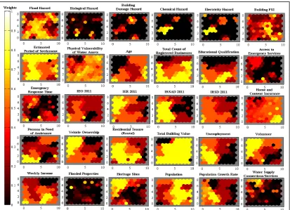 Figure 4.11 The SOM/SONN planes of indicating variables for integrated infrastructures vulnerability assessment 