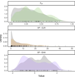 Figure 3 Densities of selection statistics for singlenucleotide polymorphisms (SNPs) associated withtassel morphological traits reveal enrichment for sig-nals of selection
