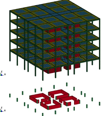 Figure 1.  The shear walls are 0.3m thick and the slabs are 0.4m thick.  The columns are 0.3m square
