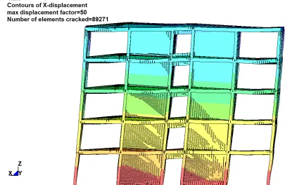 Figure 5:  Cracking at the time of max horizontal displacements – displacement plot scale factor = 50  – 0.50g PGA  