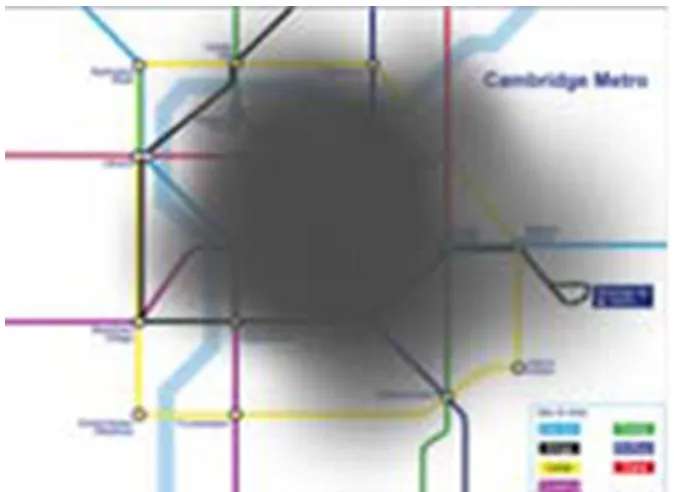 Figure 1. Example of how a subway map might be viewed through an eye affected by AMD [generated using www.inclusivedesigntoolkit.com]