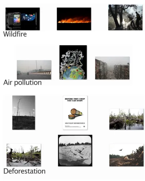 Figure 2: Sample iconic image clusters. Above a poor cluster on wildﬁre, below two good clusters onpollution and deforestation.