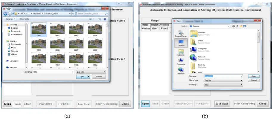 Figure 2: The initialisation of DALES software could be done either by providing (a) the video sequencefolder name, in order to use the software to process the multi-view video; or by providing (b) a text scriptwith video annotation, in order to run the software to visualize the frames and corresponding annotations.